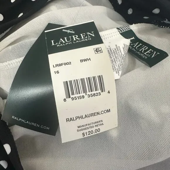 Lauren Ralph Lauren Black White Polka Dot Tummy Control Halter Swimdress 16 NWT - Picture 7 of 12